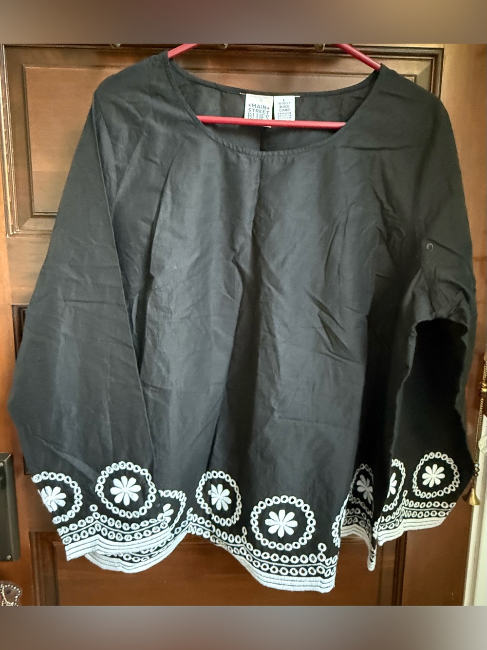 Black Embroidered/Eyelet Hem Scoop-Neck Tunic